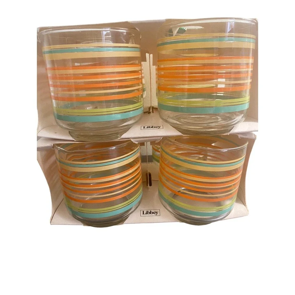 Vintage 70's Libbey Striped Juice Glasses‎ In Box Retro MCM Imperfect